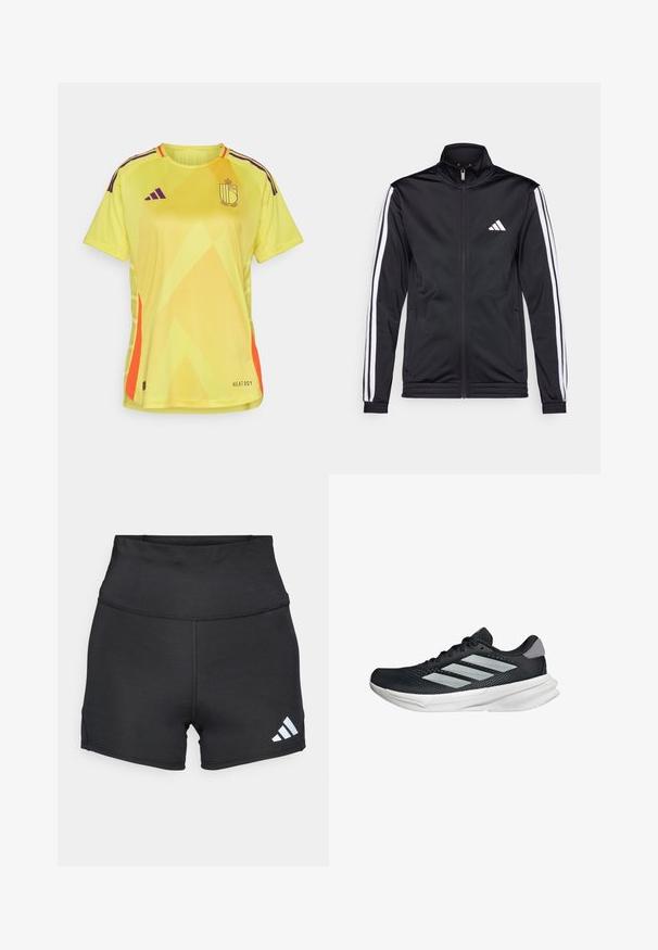 Sort atletisk jakke med høj krave, for-zip og hvide accentstriber langs armene. Har et broderet hvidt logo på brystet.; Lys gul kortærmet trøje med vinklede mønstre, lilla skulderstriber og orange accenter. Har "HEAT.RDY" branding.; adidas Performance Tights - black; Sort løbesko med mesh-overdel, tre sølvstriber, hvid mellemsål og struktureret ydersål. Har polstret krave og snørelukning.