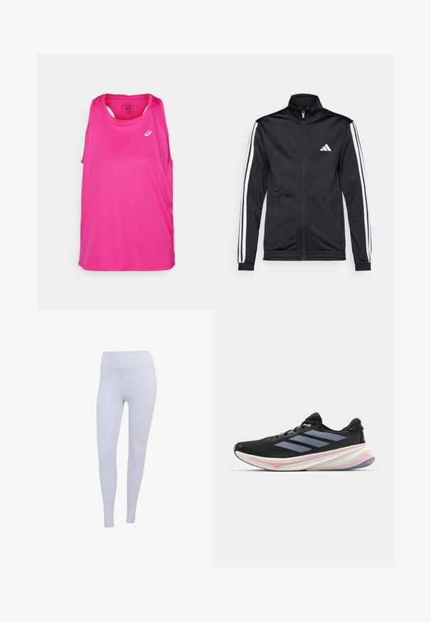 Sort atletisk jakke med høj krave, for-zip og hvide accentstriber langs armene. Har et broderet hvidt logo på brystet.; Lyserød atletisk top uden ærmer, med rund halsudskæring og et logo på forsiden. Lavet af letvægts, åndbart stof.; Lyslilla leggings lavet af strækbart stof. Høj talje-design med en glat overflade og uden synlige sømme eller mønstre.; Sort løbesko med mesh-overdel, lyse lilla accenter og tre horisontale grå striber. Har en polstret sål for komfort.
