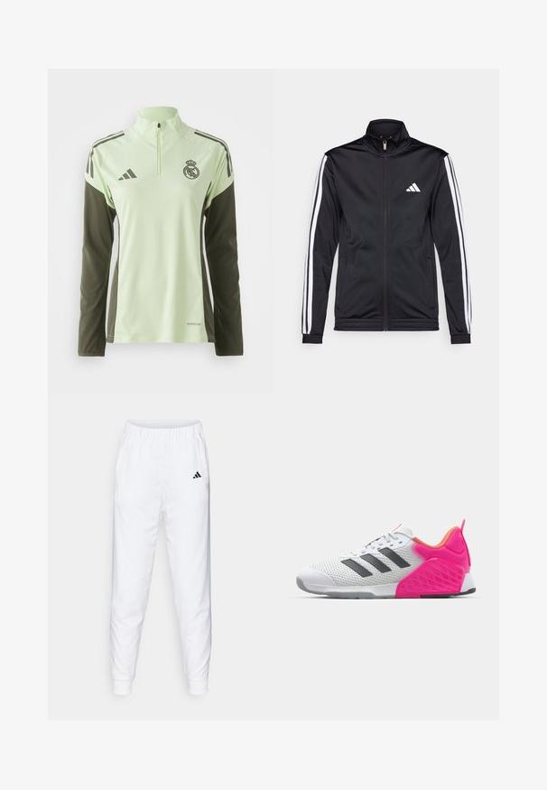 Schwarze Sportjacke mit hohem Kragen, Frontreißverschluss und weißen Akzentstreifen an den Armen. Besitzt ein gesticktes weißes Logo auf der Brust.; Hellgrünes Sportshirt mit dunkelgrünen Ärmeln, Viertelreißverschluss und weißen Streifen; mit einem Logo auf der Brust und AeroReady-Branding.; Weiße Sporthose mit elastischem Bund und Bündchen. Verfügt über Seitentaschen und ein kleines schwarzes Logo am linken Oberschenkel. Glatter Stofffinish.; Weißer Sportschuh mit grauen Streifen, Obermaterial aus Mesh sowie pinken Ferse und Akzenten. Mit texturiertem Fersenbereich und Gummisohle. Schnürsenkel und gepolsterter Kragen.