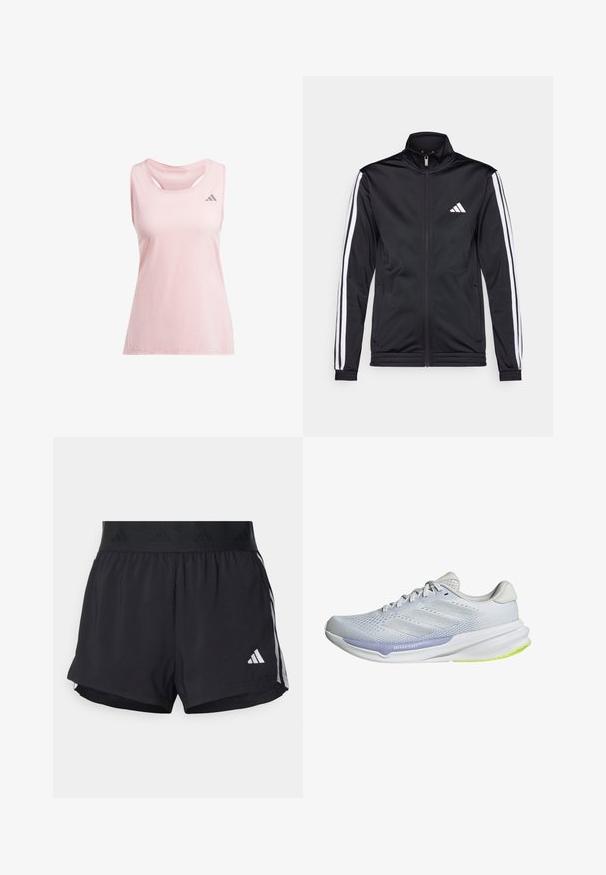 Giacca sportiva nera con colletto alto, zip frontale e righe bianche lungo le maniche. Presenta un logo bianco ricamato sul petto.; adidas Performance ADIZERO TANK - Top - semi pink spark; Pantaloni sportivi neri con cintura elasticizzata, dotati di una banda testurizzata, strisce laterali e un logo Adidas bianco sull'orlo inferiore.; Scarpa da ginnastica bianca con tomaia in rete traspirante, design texturizzato e dettagli in lavanda. Presenta una suola ammortizzata con dettagli verde sulla suola.