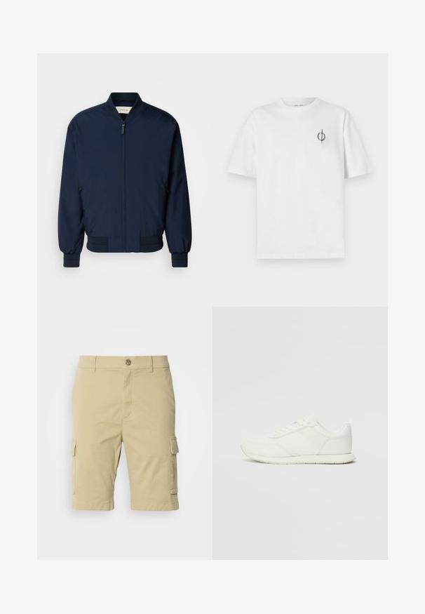 Mørkeblå bomberjakke laget av glatt, lett stoff med glidelås foran, ribbestrikkede mansjetter og nederkant. Har sidelommer med glidelås.; Hvit bomull t-skjorte med avslappet passform, med en liten svart grafisk logo på venstre brystområde. Korte ermer, rund hals.; Kaki cargo shorts laget av bomull med en jevn tekstur, som har sidelommer og en knappelukking i livet.; Hvit sneaker med en mesh- og syntetisk overdel, rund tå, flate lisser og en teksturert sidestropp. Gummisåle med en pull-tab bak.