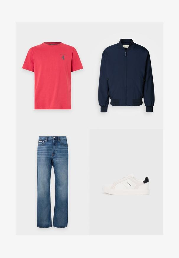 Tumedat sinise värvi bomber-jakk, mis on valmistatud siledast ja kergest kangast. Jaki ees on lukuga kinnitamine, soonikkoes mansetid ja alus. Küljel on lukuga taskud.; Punane puuvillane T-särk, millel on ümar kaelus ja lühikesed varrukad. Rinnal on väike tume logo ja number „4“. Lihtne disain.; Sinised sirged denim-laid püksid väheseäfadeeringuga, ees nupuga kinnitatud ja väike logo silt paremas ees taskus.; Valge tossud heleda roosa ja musta aktsendiga, mis sisaldavad sileda naha ja nubukpaneele, ümarat varvust ja lamedat kummitalda.