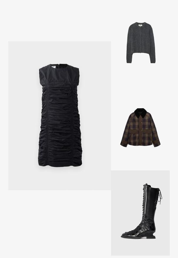 Rjav in kariran jopič z črnim kord jermenom, dvema sprednjima žepoma in gumbom. Narejen iz teksturirane tkanine.; Temno sivi kardigan iz strukturiranega pletenega materiala, z okroglim izrezom, dolgimi rokavi in šestimi gumbi na sprednji strani.; Črna brezrokavnik obleka z nabranimi teksturami, z vertikalnim nabiranjem in visokim ovratnikom. Zapiranje na zadrgo na hrbtu. Elegantna, krojena silhueta.; Črne škornje do kolen z vezalkami spredaj, narejene iz gladke in teksturirane usnje, z izklesanim peto in geometrijskim dizajnom panelov.