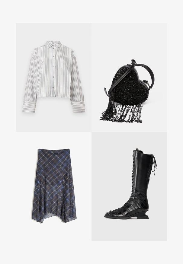 Hnědá s kostkovaným vzorem sako s černým kordovým límcem, dvěma předními kapsami a zapínáním na knoflíky. Vyrobeno z texturované látky.; Tmavě šedý kardigan vyrobený z texturovaného pleteného materiálu, s kulatým výstřihem, dlouhými rukávy a šesti knoflíkovým zapínáním na přední straně.; Dlouhý rukáv, zkrácená košile s hnědými a bílými svislými pruhy, zapínání na knoflíky vpředu, límec a náprsní kapsa.; Žebrovaný bezrukávový top ve světle šedé barvě s kulatým výstřihem a decentním brandingem na přední straně. Vyrobeno z jemného, pružného materiálu.; Černá kostkovaná sukně s modrými a hnědými pruhy, volný design, střední délky, vyrobena z lehké látky s hladkou texturou.; Černé kozačky do kolen s šněrováním vpředu, vyrobené z hladké a texturované kůže, s tvarovaným podpatkem a geometrickým designem panelů.; Černá kabelka ve tvaru srdce s korálkovou texturou a třásněmi, hladkým koženým uchem a odnímatelným ramenním popruhem.