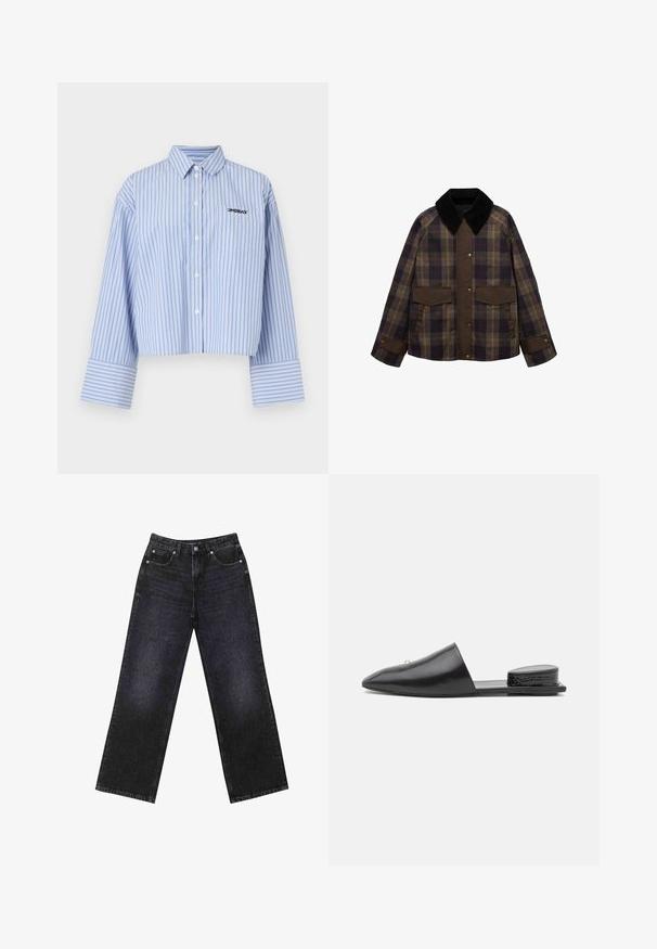 Brown and plaid jacket featuring a black corduroy collar, two front pockets, and a button closure. Made of a textured fabric.; Dark grey cardigan made of textured knit fabric, featuring a round neckline, long sleeves, and six button closures down the front.; Cropped button-up shirt in light blue with white vertical stripes, featuring a pocket and logo on the chest, made of a smooth fabric.; High-waisted black denim jeans with a wide-leg cut, five-pocket design, and visible stitching. Fabric has a smooth, slightly textured finish.; Black leather slip-on mules with pointed toe, minimal design, and textured rear heel accent. Smooth surface and flat sole.