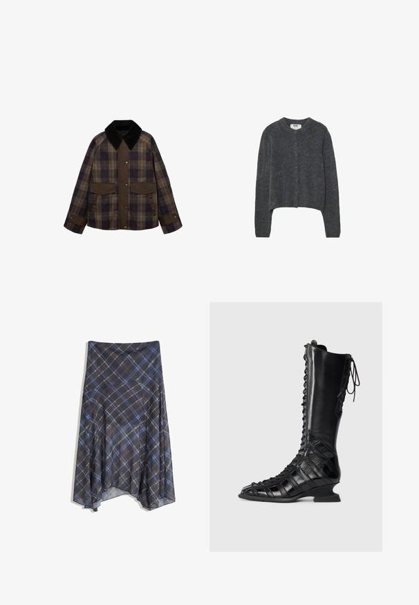 Veste marron à carreaux avec un col en velours côtelé noir, deux poches avant et une fermeture à boutons. Fabriquée dans un tissu texturé.; Gilet gris foncé en tissu tricoté texturé, avec un col rond, des manches longues et six boutons sur le devant.; Haut côtelé sans manches en gris clair avec un col rond et un branding subtil à l'avant. Fabriqué dans un matériau doux et extensible.; Jupe écossaise noire présentant des lignes bleues et brunes, d'un design fluide, de longueur mi-mollet, fabriquée en tissu léger avec une texture lisse.; Botte noire jusqu'au genou avec un laçage sur le devant, fabriquée en cuir lisse et texturé, dotée d'un talon sculpté et d'un design de panneaux géométriques.