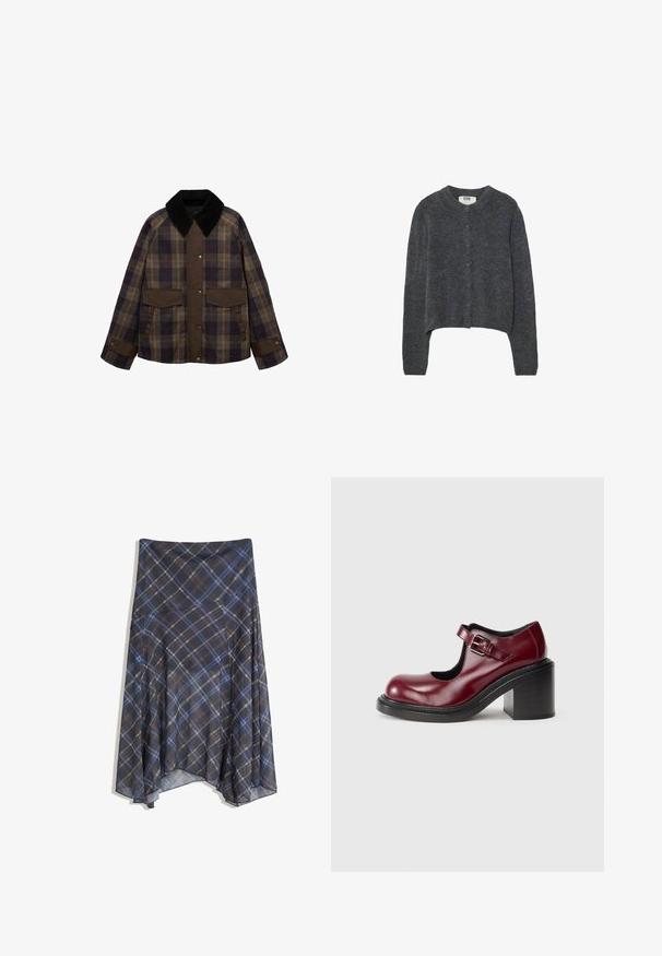Smeđa i karirana jakna s crnim kordon ovratnikom, dva prednja džepa i zatvaranjem na dugmad. Napravljena je od teksturirane tkanine.; Tamno sivi kardigan izrađen od teksturiranog pletenog materijala, s okruglim izrezom, dugim rukavima i zatvaranjem na šest dugmadi sprijeda.; Rebrasti, bezrukavni top u svijetlosivoj boji s okruglim izrezom i suptilnim brendiranjem sprijeda. Izrađen od mekog, rastezljivog materijala.; Crna karirana suknja s plavim i smeškastim linijama, leteći dizajn, srednje dužine, izrađena od lagane tkanine s glatkom teksturom.; Bordo kožna Mary Jane cipela s zaobljenim vrhom, podesivom kopčom i debelim crnim potplatom, koja ima glatku, sjajnu teksturu.