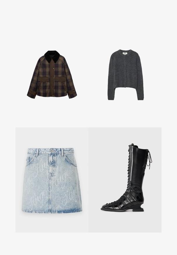 Brązowa marynarka w kratę z czarnym kołnierzem z materiału sztruksowego, dwiema przednimi kieszeniami i zapięciem na guziki. Wykonana z fakturowanej tkaniny.; Czarny sweter z ciemnoszarej teksturowanej dzianiny, z okrągłym dekoltem, długimi rękawami i sześcioma guzikami zapinanymi z przodu.; Prążkowany, bezrękawnik w jasnoszarym kolorze z okrągłym dekoltem i subtelnym logo z przodu. Wykonany z miękkiego, elastycznego materiału.; Jasnoniebieska spódnica dżinsowa z wyblakłym wykończeniem, z przodu zapinana na guziki oraz z unikalnym wzorem logo "Hugo". Styl pięciu kieszeni.; Czarne botki do kolan z sznurowanym przodem, wykonane z gładkiej i teksturowanej skóry, z rzeźbioną piętą i geometrycznym wzorem.