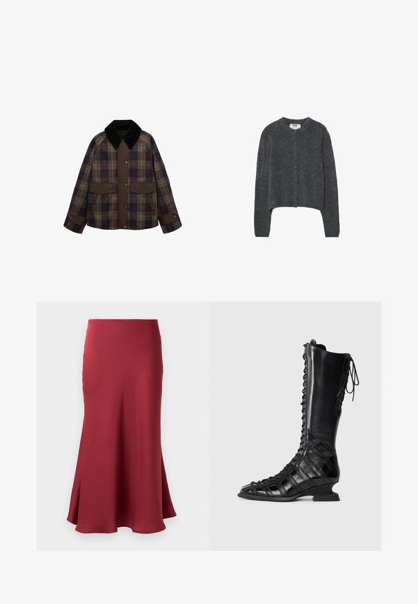 Giacca marrone a scacchi con un colletto in corduroy nero, due tasche frontali e chiusura a bottone. Realizzata in un tessuto testurizzato.; Cardigan grigio scuro realizzato in tessuto a maglia testurizzata, con scollatura rotonda, maniche lunghe e chiusura frontale con sei bottoni.; Top a coste senza maniche di colore grigio chiaro, con scollatura rotonda e un brand discreto sul davanti. Realizzato in un materiale morbido ed elasticizzato.; Gonna in satin bordeaux con una texture liscia, silhouette svasata e orlo che arriva sotto il ginocchio. Nessun hardware o motivo visibile.; Stivale nero a ginocchio con lacci frontali, realizzato in pelle liscia e testurizzata, caratterizzato da un tacco scolpito e un design a pannelli geometrici.