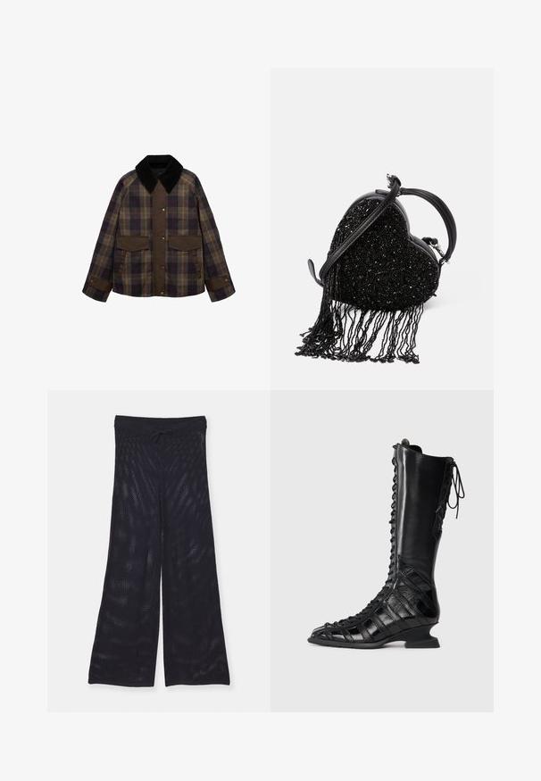 Ruskea ja ruudullinen takki, jossa on musta samettikaulus, kaksi etutaskua ja nappikiinnitys. Valmistettu teksturoidusta kankaasta.; Tummanharmaa neuletakki, joka on valmistettu teksturoidusta neulekankaasta. Tässä takissa on pyöreä pääntie, pitkät hihat ja edessä kuusi napin suljinta.; Ribbed, hiottamaton paita vaaleanharmaana, jossa on pyöreä pääntie ja hienovarainen brändäys edessä. Valmistettu pehmeästä, joustavasta materiaalista.; Mustat, löysät, leveät housut, jotka on valmistettu hengittävästä verkkomateriaalista. Ominaisuuksina on joustava vyötärölauta, jossa on säädettävä naru.; Mustat polvipituiset saappaat, joissa on nauhakiinnitys, valmistettu sileästä ja teksturoidusta nahasta. Saappaissa on muotoiltu korko ja geometrinen paneelisuunnittelu.; Musta sydämenmuotoinen käsilaukku, jossa on helmitekstuuri ja fringet, sileä nahkahandle ja irrotettava olkahihna.