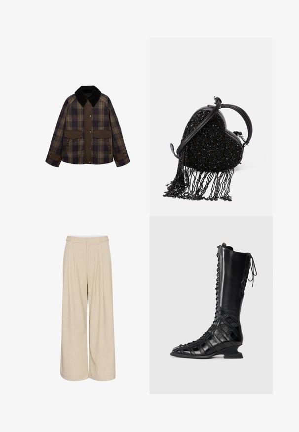 Brązowa marynarka w kratę z czarnym kołnierzem z materiału sztruksowego, dwiema przednimi kieszeniami i zapięciem na guziki. Wykonana z fakturowanej tkaniny.; Czarny sweter z ciemnoszarej teksturowanej dzianiny, z okrągłym dekoltem, długimi rękawami i sześcioma guzikami zapinanymi z przodu.; Prążkowany, bezrękawnik w jasnoszarym kolorze z okrągłym dekoltem i subtelnym logo z przodu. Wykonany z miękkiego, elastycznego materiału.; Beżowe spodnie z szerokimi nogawkami wykonane z teksturowanej tkaniny, z wysokim stanem, z dwoma guzikami z przodu i podwójnymi kieszeniami po bokach dla lepszej funkcjonalności.; Czarne botki do kolan z sznurowanym przodem, wykonane z gładkiej i teksturowanej skóry, z rzeźbioną piętą i geometrycznym wzorem.; Czarna torebka w kształcie serca z teksturą koralikową, z frędzlami, gładką skórzaną rączką oraz odczepianym paskiem na ramię.