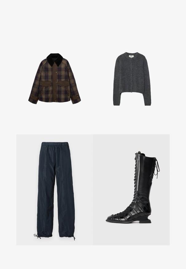 Smeđa i karirana jakna s crnim kordon ovratnikom, dva prednja džepa i zatvaranjem na dugmad. Napravljena je od teksturirane tkanine.; Tamno sivi kardigan izrađen od teksturiranog pletenog materijala, s okruglim izrezom, dugim rukavima i zatvaranjem na šest dugmadi sprijeda.; Rebrasti, bezrukavni top u svijetlosivoj boji s okruglim izrezom i suptilnim brendiranjem sprijeda. Izrađen od mekog, rastezljivog materijala.; Navy windbreaker hlače s elastičnim pojasom, podesivim manžetama i glatkim, laganim materijalom. Puni dužina bez džepova.; Crne čizme do koljena s vezanjem sprijeda, izrađene od glatke i teksturirane kože, s oblikovanim potplatom i geometrijskim dizajnom panela.