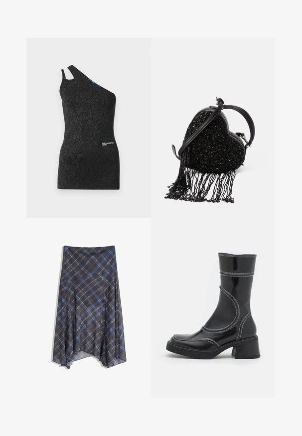 Hnedá a károvaná bunda s čiernym kordovým golierom, dvoma prednými vreckami a zapínaním na gombík. Vyrobená z textúrovanej tkaniny.; Tmavo šedý kardigán vyrobený z textúrovanej pleteniny, s okrúhlym výstrihom, dlhými rukávmi a šiestimi gombíkovými zapínaniami vzadu.; Čierny top na jedno rameno vyrobený z textúrovaného materiálu s kovovými vláknami. Má výrez na ramene a detail loga na leme.; Čierna kockovaná sukňa s modrými a hnedými prúžkami, voľný strih, stredná dĺžka, vyrobená z ľahkej látky s hladkým povrchom.; Čierne lakované kožené členkové čižmy s bielym prešívaním, zaoblenou špičkou a blokovým podpätkom. Majú zakrivené línie dizajnu a hladkú textúru.; Čierna kabelka v tvare srdca s perleťovým povrchom a strapcami, hladkým koženým uchom a odnímateľným ramenným popruhom.