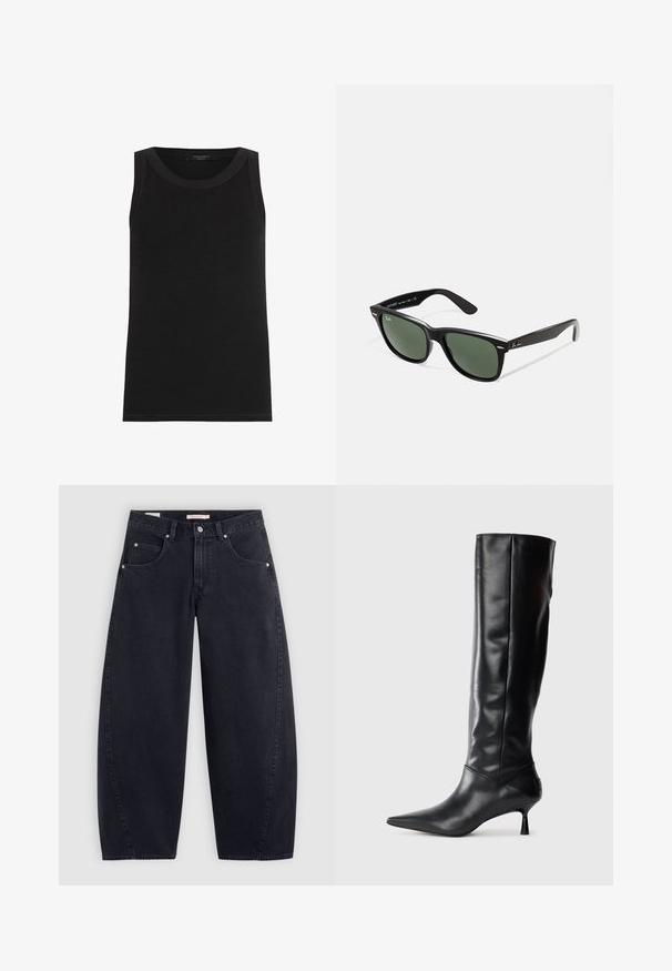 Giacca marrone a scacchi con un colletto in corduroy nero, due tasche frontali e chiusura a bottone. Realizzata in un tessuto testurizzato.; Cardigan grigio scuro realizzato in tessuto a maglia testurizzata, con scollatura rotonda, maniche lunghe e chiusura frontale con sei bottoni.; AllSaints RINA - Top - black; Jeans larghi in denim nero con vita alta, due tasche frontali e accessori in metallo argentato. Texture liscia, dettagli di cucitura minimi e gamba dritta.; Stivale in pelle nera alto fino al ginocchio con punta affusolata e tacco sottile e curvato. Texture liscia, design aderente e senza hardware o motivi visibili.; Occhiali da sole in plastica nera con lenti verdi, montatura quadrata, dettaglio argento sulla parte superiore e steli con texture. Marchio indicato sulla parte interna dello stelo.