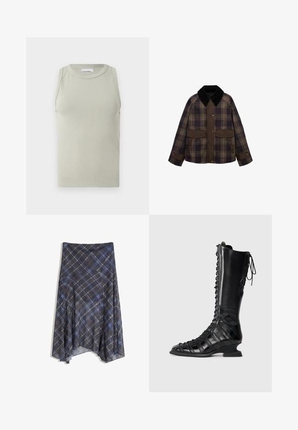 Braune und karierte Jacke mit einem schwarzen Cordkragen, zwei Fronttaschen und einem Knopfverschluss. Hergestellt aus einem strukturierten Stoff.; Dunkelgraue Strickjacke aus strukturiertem Strickstoff, mit rundem Ausschnitt, langen Ärmeln und sechs Knopfverschlüssen hinten.; Hellgrünes, geripptes Tanktop mit Rundhalsausschnitt und ärmellosem Design. Es hat eine figurbetonte Silhouette und eine weiche Textur.; Schwarzer Karorock mit blauen und braunen Linien, fließendes Design, knielang, aus leichtem Stoff mit glatter Textur.; Schwarze kniehohe Stiefel mit Schnürung an der Vorderseite, aus glattem und strukturiertem Leder, mit einem skulptierten Absatz und geometrischem Paneldesign.