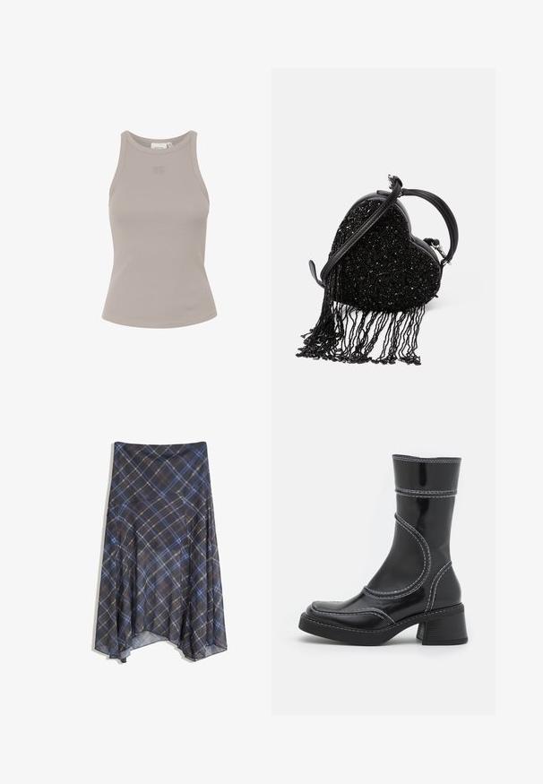 Giacca marrone a scacchi con un colletto in corduroy nero, due tasche frontali e chiusura a bottone. Realizzata in un tessuto testurizzato.; Cardigan grigio scuro realizzato in tessuto a maglia testurizzata, con scollatura rotonda, maniche lunghe e chiusura frontale con sei bottoni.; Top a coste senza maniche di colore grigio chiaro, con scollatura rotonda e un brand discreto sul davanti. Realizzato in un materiale morbido ed elasticizzato.; Gonna a quadri nera con linee blu e marroni, design fluido, di lunghezza media, realizzata in tessuto leggero con una texture morbida.; Stivale alla caviglia in pelle verniciata nera con cuciture bianche, punta arrotondata e tacco a blocco. Presenta linee di design curve e una texture liscia.; Borsa a forma di cuore nera caratterizzata da una texture di perline con dettagli a frange, manico in pelle liscia e tracolla staccabile.