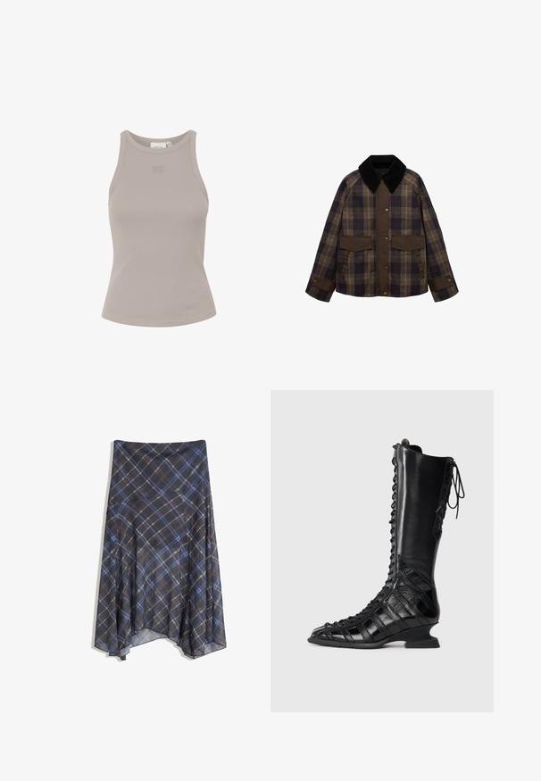 Rjav in kariran jopič z črnim kord jermenom, dvema sprednjima žepoma in gumbom. Narejen iz teksturirane tkanine.; Temno sivi kardigan iz strukturiranega pletenega materiala, z okroglim izrezom, dolgimi rokavi in šestimi gumbi na sprednji strani.; Rebrasto, brezrokavnik v svetlo sivi barvi z okroglim izrezom in subtilnim logotipom spredaj. Narejen iz mehke, raztegljive tkanine.; Črna karirana krila z modrimi in rjavimi črtami, tekoče oblikovanje, srednje dolžine, izdelano iz lahkega materiala z gladko teksturo.; Črne škornje do kolen z vezalkami spredaj, narejene iz gladke in teksturirane usnje, z izklesanim peto in geometrijskim dizajnom panelov.