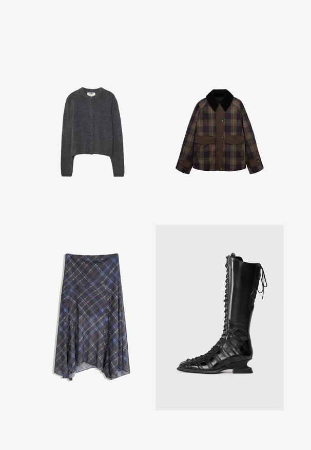 Braune und karierte Jacke mit einem schwarzen Cordkragen, zwei Fronttaschen und einem Knopfverschluss. Hergestellt aus einem strukturierten Stoff.; Dunkelgraue Strickjacke aus strukturiertem Strickstoff, mit rundem Ausschnitt, langen Ärmeln und sechs Knopfverschlüssen hinten.; Rippiertes, ärmelloses Oberteil in Hellgrau mit einem runden Halsausschnitt und dezentem Branding auf der Vorderseite. Hergestellt aus einem weichen, elastischen Material.; Schwarzer Karorock mit blauen und braunen Linien, fließendes Design, knielang, aus leichtem Stoff mit glatter Textur.; Schwarze kniehohe Stiefel mit Schnürung an der Vorderseite, aus glattem und strukturiertem Leder, mit einem skulptierten Absatz und geometrischem Paneldesign.