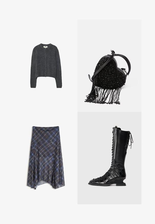 Ruskea ja ruudullinen takki, jossa on musta samettikaulus, kaksi etutaskua ja nappikiinnitys. Valmistettu teksturoidusta kankaasta.; Tummanharmaa neuletakki, joka on valmistettu teksturoidusta neulekankaasta. Tässä takissa on pyöreä pääntie, pitkät hihat ja edessä kuusi napin suljinta.; Ribbed, hiottamaton paita vaaleanharmaana, jossa on pyöreä pääntie ja hienovarainen brändäys edessä. Valmistettu pehmeästä, joustavasta materiaalista.; Mustahuivi hame, jossa on sinisiä ja ruskeita viivoja, virtaava muotoilu, keskipituinen, valmistettu kevyestä kankaasta, jolla on sileä texuuri.; Mustat polvipituiset saappaat, joissa on nauhakiinnitys, valmistettu sileästä ja teksturoidusta nahasta. Saappaissa on muotoiltu korko ja geometrinen paneelisuunnittelu.; Musta sydämenmuotoinen käsilaukku, jossa on helmitekstuuri ja fringet, sileä nahkahandle ja irrotettava olkahihna.