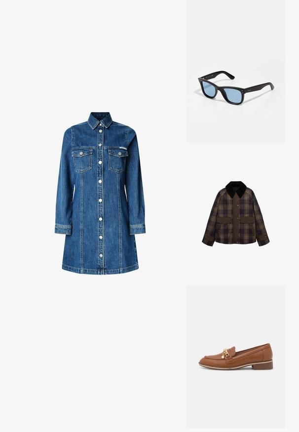 Bruine en geruite jas met een zwarte corduroy kraag, twee voorkzoekers en een knoopsluiting. Gemaakt van een gestructureerde stof.; Jeanshemdjurk, lange mouwen, knoopsluiting aan de voorkant, twee borstzakken, klassieke kraag, medium blauwe kleur en lichte stikseldetails.; Bruine leren instapper met een gouden kettingaccent en pareldetail. Heeft een ronde neus en een lage blokhak. Gladde textuur en strakke ontwerpen.; Zwarte plastic zonnebril met blauw getinte lenzen, vierkante vorm, stevige armen en twee metalen accenten aan de voorkant nabij de lenzen.; Bruine lederen handtas met een zachte, textuurachtige vachtachtige buitenkant, slank ontwerp, een korte handgreep en een afneembare schouderriem.