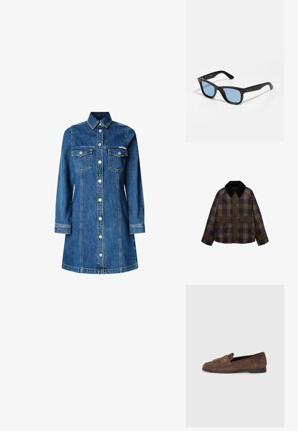 Brązowa marynarka w kratę z czarnym kołnierzem z materiału sztruksowego, dwiema przednimi kieszeniami i zapięciem na guziki. Wykonana z fakturowanej tkaniny.; Sukienka koszulowa z dżinsu, z długimi rękawami, zapinana na guziki, z dwoma kieszeniami na piersi, klasycznym kołnierzykiem, w średnim odcieniu niebieskiego, z jasnymi detalami szycia.; Brązowe zamszowe mokasyny o gładkiej fakturze, z paskiem z akcentem w kolorze złota i delikatnymi frędzlami na palcach. Płaska podeszwa.; Czarne plastikowe okulary przeciwsłoneczne z niebieskimi szkłami, w kształcie kwadratu, z solidnymi ramionami i dwoma metalowymi akcentami z przodu, blisko soczewek.; Brązowa skórzana torebka z miękkim, teksturowanym futrzanym wykończeniem, cienkim designem, krótką rączką i odpinanym paskiem.