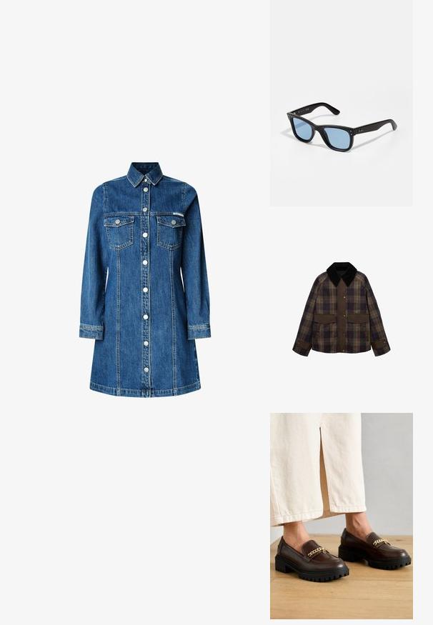 Hnědá s kostkovaným vzorem sako s černým kordovým límcem, dvěma předními kapsami a zapínáním na knoflíky. Vyrobeno z texturované látky.; Denim šatové šaty, dlouhé rukávy, zapínání na knoflíky vpředu, dvě náprsní kapsy, klasický límec, středně modrá barva a jemné švy.; Hnědé kožené mokasíny s robustní černou podrážkou a zlatým řetízkem přes přední část. Hladký povrch s mírným leskem.; Černé plastové sluneční brýle s modro zbarvenými čočkami, čtvercového tvaru, pevnými obroučkami a dvěma kovovými akcenty na přední straně poblíž čoček.; Hnědá kožená kabelka s měkkým, texturovaným vzhledem podobným kožešině, štíhlým designem, krátkým uchopovacím madlem a odnímatelným popruhem.