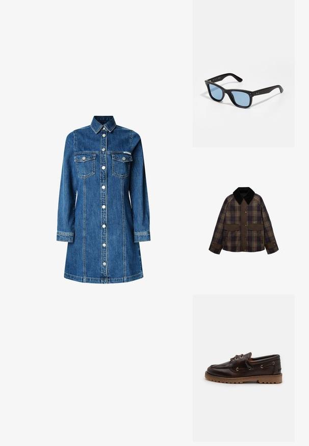 Braune und karierte Jacke mit einem schwarzen Cordkragen, zwei Fronttaschen und einem Knopfverschluss. Hergestellt aus einem strukturierten Stoff.; Denimhemdkleid, lange Ärmel, durchgehende Knopfleiste, zwei Brusttaschen, klassischer Kragen, mittelblaue Farbe und leichte Steppdetails.; Braune Lederbootsschuhe mit runder Zehenpartie, zwei Ösen und strukturiertem Gummisohle. Mit genähten Details und einer kontrastierenden, tanfarbenen Laufsohle.; Schwarze Plastiksunglasses mit blauen getönten Gläsern, quadratischer Form, soliden Bügeln und zwei metallischen Akzenten an der Vorderseite in der Nähe der Gläser.; Braune Handtasche aus Leder mit einer weichen, strukturierten, fellartigen Außenseite, schlankem Design, einem kurzen Griff und einem abnehmbaren Schultergurt.