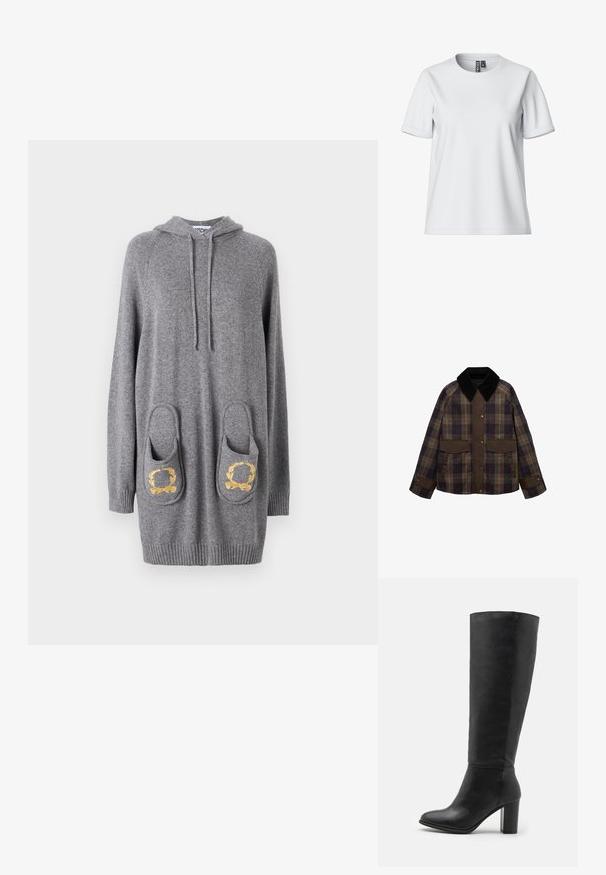Giacca marrone a scacchi con un colletto in corduroy nero, due tasche frontali e chiusura a bottone. Realizzata in un tessuto testurizzato.; Abito a felpa grigia con cappuccio realizzato in un tessuto morbido, caratterizzato da due grandi tasche decorate con motivi a foglia dorata, orlo e polsini a costine.; T-shirt bianca a maniche corte realizzata in morbido tessuto, con scollatura a girocollo e maniche arrotolate, con un'etichetta visibile sul retro.; Stivali neri alti fino al ginocchio in pelle liscia, con tacco spesso e punta arrotondata. Design minimalista senza hardware o decorazioni visibili.