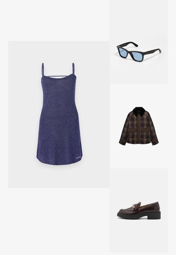 Braune und karierte Jacke mit einem schwarzen Cordkragen, zwei Fronttaschen und einem Knopfverschluss. Hergestellt aus einem strukturierten Stoff.; Ärmelloses Kleid aus funkelndem, dunkelviolettem Stoff in A-Linien-Form. Es verfügt über Spaghettiträger und einen runden Ausschnitt, mit einer glatten Textur.; Braune Lederloafers mit einer goldenen Akzent-Schnalle, schwarzem Blockabsatz und einer glatten Oberfläche. Die Seitenansicht zeigt die abgerundete Zehenform und die genähten Details.; Schwarze Plastiksunglasses mit blauen getönten Gläsern, quadratischer Form, soliden Bügeln und zwei metallischen Akzenten an der Vorderseite in der Nähe der Gläser.; Braune Handtasche aus Leder mit einer weichen, strukturierten, fellartigen Außenseite, schlankem Design, einem kurzen Griff und einem abnehmbaren Schultergurt.