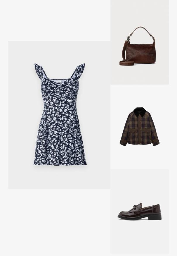 Braune und karierte Jacke mit einem schwarzen Cordkragen, zwei Fronttaschen und einem Knopfverschluss. Hergestellt aus einem strukturierten Stoff.; Navy-blaues Blumenkleid mit weißen Mustern, taillierter Oberteil, schwingendem Rock und rüschierten Spaghettiträgern. Hergestellt aus weichem, leichtem Stoff.; Braune Leder-Lederschuhe mit glatter Textur, versehen mit einem dekorativen Riemen und einer Schnalle, niedrigem schwarzen Absatz und abgerundetem Zehendesign.; Braune Handtasche aus Leder mit einer weichen, strukturierten, fellartigen Außenseite, schlankem Design, einem kurzen Griff und einem abnehmbaren Schultergurt.