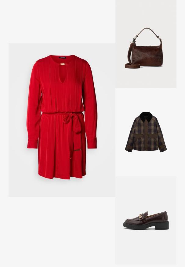 Giacca marrone a scacchi con un colletto in corduroy nero, due tasche frontali e chiusura a bottone. Realizzata in un tessuto testurizzato.; Abito rosso con scollatura a chiave, maniche lunghe, design plissettato e una cintura coordinata in vita. Realizzato in un tessuto liscio.; Mocassino in pelle marrone con una fibbia dorata, tacco a blocco nero e una texture liscia. La vista laterale mostra la punta arrotondata e i dettagli di cucitura.; Borsa a tracolla in pelle marrone con un esterno morbido e testurizzato simile alla pelliccia, design slim, manico corto e tracolla removibile.