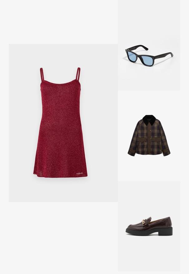 Braune und karierte Jacke mit einem schwarzen Cordkragen, zwei Fronttaschen und einem Knopfverschluss. Hergestellt aus einem strukturierten Stoff.; Rotes glitzerndes Kleid mit dünnen Trägern, A-Linien-Schnitt und glatter Textur. Die Details umfassen einen runden Halsausschnitt und einen ausgestellten Saum.; Braune Lederloafers mit einer goldenen Akzent-Schnalle, schwarzem Blockabsatz und einer glatten Oberfläche. Die Seitenansicht zeigt die abgerundete Zehenform und die genähten Details.; Schwarze Plastiksunglasses mit blauen getönten Gläsern, quadratischer Form, soliden Bügeln und zwei metallischen Akzenten an der Vorderseite in der Nähe der Gläser.; Braune Handtasche aus Leder mit einer weichen, strukturierten, fellartigen Außenseite, schlankem Design, einem kurzen Griff und einem abnehmbaren Schultergurt.