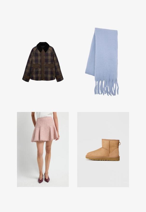 Brun og ternet jakke med en sort kordfløjlskrage, to forlommer og knaplukning. Lavet af et tekstureret stof.; Cremefarvet strikket sweater med lange ærmer, ribbede manchetter, kant og rund hals på en hvid baggrund.; Lys rosa, tekstureret, flagrende nederdel med en frynset kant. Fremstillet af vævet stof, har den en høj talje. Stylet med burgunder hæle.; Brune suede ankelstøvle med rund tå, stikninger, en pull tab bagpå og en tekstureret gummisål. Designet til komfort og varme.; Lys blå uldhalstørklæde med blød tekstur, forlænget form og frynsede kanter for ekstra detaljer. Ideel til varme og komfort.; Brun ruskind tote bag med to solide håndtag, bred åbning i toppen og minimale syningdetaljer, der har en blød tekstur og rummeligt indre.