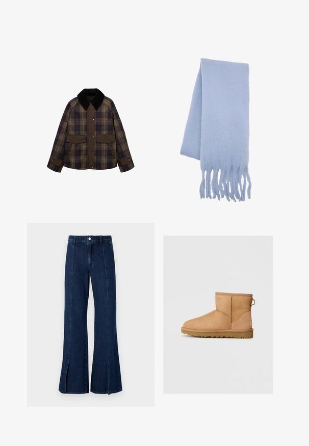 Bruine en geruite jas met een zwarte corduroy kraag, twee voorkzoekers en een knoopsluiting. Gemaakt van een gestructureerde stof.; Crème-kleurige gebreide trui met lange mouwen, geribde manchetten, zoom en ronde halslijnen op een witte achtergrond.; Wijdvallende denim jeans in donkerblauw, met een hoge taille, een split aan de zoom en een klassieke vijf-pocket ontwerpen met metalen knoopsluiting.; Tan suède enkellaars met ronde neus, gestikte details, trekhaak aan de achterkant en een gestructureerde rubberen zool. Ontworpen voor comfort en warmte.; Lichtblauwe wol sjaal met een zachte textuur, een langwerpige vorm en franjes aan de randen voor extra detail. Ideaal voor warmte en comfort.