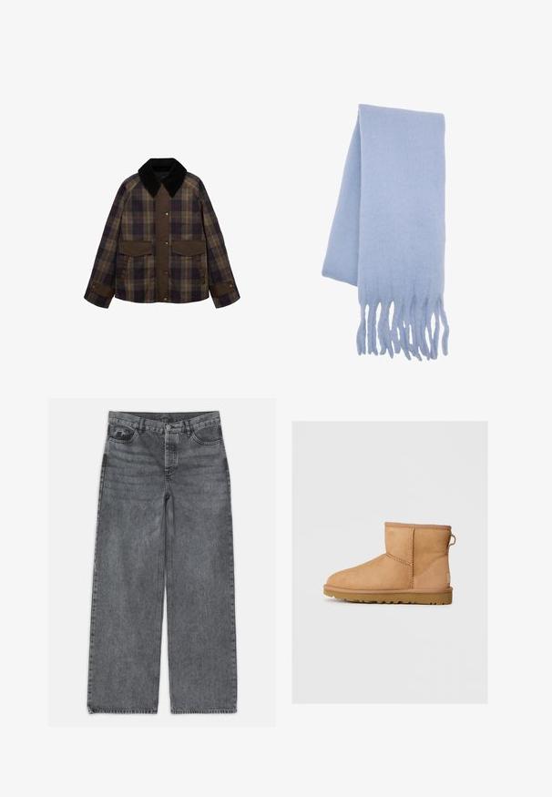 Rjav in kariran jopič z črnim kord jermenom, dvema sprednjima žepoma in gumbom. Narejen iz teksturirane tkanine.; Svetra v kremni barvi, pletena, z dolgimi rokavi, rebrastimi manšetami, robom in okroglim ovratnikom na belem ozadju.; Svetle hlače širokih nogavic v temno sivi denimu. Imajo visok pas, pet žepov in sprednji gumbasti zaklep. Gladka tekstura z občutnim zbledeljem.; Rjav nubuk čevlj z gležnjem s okroglo konico, šivanjem, zanko za pomoč pri oblačenju na hrbtni strani in teksturiranim gumijastim podplatom. Zasnovan za udobje in toplino.; Svetlo modri volneni šal z mehko teksturo, podolgovato obliko in resicami na robovih za dodatno podrobnost. Idealno za toploto in udobje.