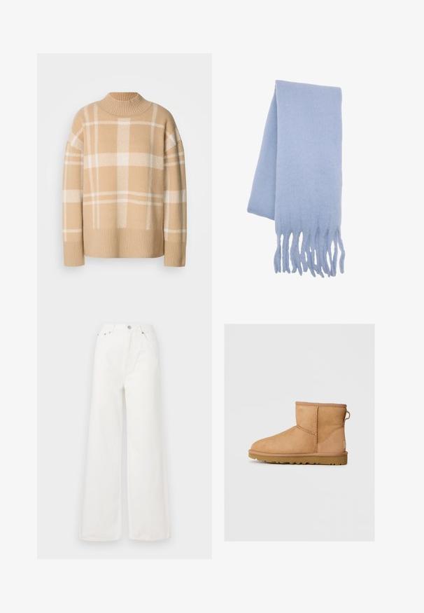 Braune und karierte Jacke mit einem schwarzen Cordkragen, zwei Fronttaschen und einem Knopfverschluss. Hergestellt aus einem strukturierten Stoff.; Beige Pullover mit einem weißen Karo-Muster, geripptem Rundhalsausschnitt und Bündchen. Weiche Textur mit überschnittenen Schultern und lässiger Passform.; Weiße hochtaillierte, weit geschnittene Jeans aus Denim. Verfügt über Fronttaschen, einen Knopfverschluss und ausgefranste Saumdetails.; Hellbraune Wildleder-Stiefeletten mit runder Zehenpartie, genähten Details, Ziehschlaufe an der Rückseite und einer strukturierten Gummisohle. Entwickelt für Komfort und Wärme.; Hellblauer Wollschal mit weicher Textur, langgestreckter Form und Fransen für zusätzliche Details. Ideal für Wärme und Komfort.