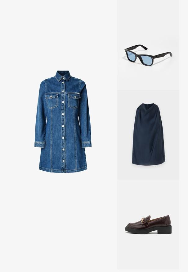 Hnědá s kostkovaným vzorem sako s černým kordovým límcem, dvěma předními kapsami a zapínáním na knoflíky. Vyrobeno z texturované látky.; Tmavě modrý plášť s vysokým límcem a zipem na zadní straně. Hladká tkanina, minimalistický design a decentní logo na boku.; Denim šatové šaty, dlouhé rukávy, zapínání na knoflíky vpředu, dvě náprsní kapsy, klasický límec, středně modrá barva a jemné švy.; Hnědé kožené mokasíny se zlatou sponou, černým blokovým podpatkem a hladkým povrchem. Boční pohled ukazuje zaoblenou špičku a prošívané detaily.; Černé plastové sluneční brýle s modro zbarvenými čočkami, čtvercového tvaru, pevnými obroučkami a dvěma kovovými akcenty na přední straně poblíž čoček.; Hnědá kožená kabelka s měkkým, texturovaným vzhledem podobným kožešině, štíhlým designem, krátkým uchopovacím madlem a odnímatelným popruhem.