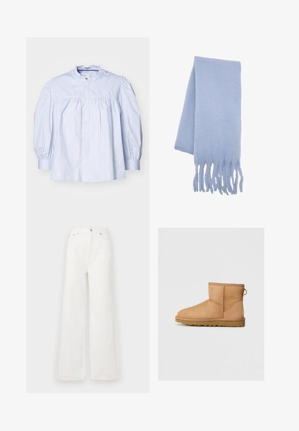 Hnědá s kostkovaným vzorem sako s černým kordovým límcem, dvěma předními kapsami a zapínáním na knoflíky. Vyrobeno z texturované látky.; Světle modrá pruhovaná blůza s volánkovým límcem, nafouklými rukávy a zapínáním na knoflíky. Měkká bavlněná tkanina s našívanými detaily na prsou.; Bílé džíny s vysokým pasem a širokými nohavicemi vyrobené z denimové látky. Mají přední kapsy, uzavření na knoflík a detaily s třepením na lemech.; Světlé semišové kotníkové boty s kulatou špičkou, prošívanými detaily, poutkem vzadu a texturovanou gumovou podrážkou. Navrženo pro pohodlí a teplo.; Světle modrý vlněný šátek s jemnou texturou, prodlouženým tvarem a třásněmi pro přidaný detail. Ideální pro teplo a pohodlí.
