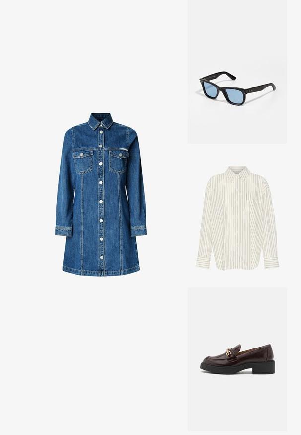 Hnědá s kostkovaným vzorem sako s černým kordovým límcem, dvěma předními kapsami a zapínáním na knoflíky. Vyrobeno z texturované látky.; Bílá košile s knoflíky, úzké černé vertikální pruhy, límeček, dlouhé rukávy, kapsa na prsou a rovný střih s manžetovými detaily.; Denim šatové šaty, dlouhé rukávy, zapínání na knoflíky vpředu, dvě náprsní kapsy, klasický límec, středně modrá barva a jemné švy.; Hnědé kožené mokasíny se zlatou sponou, černým blokovým podpatkem a hladkým povrchem. Boční pohled ukazuje zaoblenou špičku a prošívané detaily.; Černé plastové sluneční brýle s modro zbarvenými čočkami, čtvercového tvaru, pevnými obroučkami a dvěma kovovými akcenty na přední straně poblíž čoček.; Hnědá kožená kabelka s měkkým, texturovaným vzhledem podobným kožešině, štíhlým designem, krátkým uchopovacím madlem a odnímatelným popruhem.