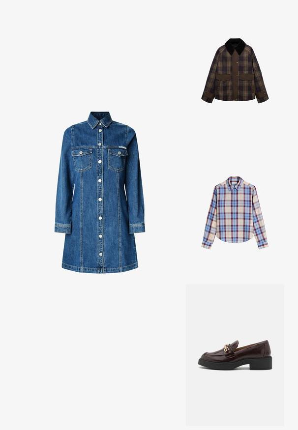 Braune und karierte Jacke mit einem schwarzen Cordkragen, zwei Fronttaschen und einem Knopfverschluss. Hergestellt aus einem strukturierten Stoff.; Langarmhemd mit einem mehrfarbigen Karomuster in Blau-, Burgunder- und Beigetönen, aus einem glatten Stoff. Klassischer Kragen.; Denimhemdkleid, lange Ärmel, durchgehende Knopfleiste, zwei Brusttaschen, klassischer Kragen, mittelblaue Farbe und leichte Steppdetails.; Braune Lederloafers mit einer goldenen Akzent-Schnalle, schwarzem Blockabsatz und einer glatten Oberfläche. Die Seitenansicht zeigt die abgerundete Zehenform und die genähten Details.; Braune Handtasche aus Leder mit einer weichen, strukturierten, fellartigen Außenseite, schlankem Design, einem kurzen Griff und einem abnehmbaren Schultergurt.