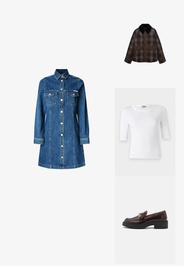 Rjav in kariran jopič z črnim kord jermenom, dvema sprednjima žepoma in gumbom. Narejen iz teksturirane tkanine.; Bela rebrasta majica s krojem okruglog izreza i rukavima do laktova. Izrađena od mekog materijala s glatkom teksturom. Oznaka vidljiva na izrezu.; Denim srajčna obleka, dolgi rokavi, gumbna zanka spredaj, dva žepa na prsih, klasičen ovratnik, srednje modra barva in svetli šivi.; Rjavi usnjeni loafer z zlatim okrasnim zaponko, črn blokast peto in gladko teksturo. Bočni pogled prikazuje zaobljen toe in šivano detajliranje.; Rjava usnjena torbica z mehko, teksturirano krzneno zunanjostjo, elegantne oblike, kratko ročico in snemljivo zaponko.