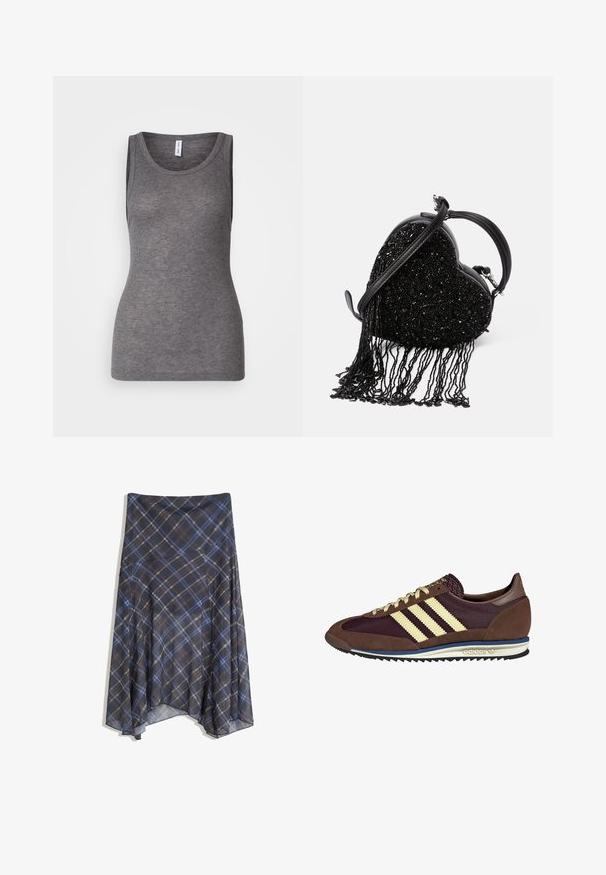 Brun og ternet jakke med en sort kordfløjlskrage, to forlommer og knaplukning. Lavet af et tekstureret stof.; Samsøe Samsøe SONNET TANK - Top - grey; Sort ternet nederdel med blå og brune linjer, flydende design, midt-længde, lavet af letvægtsstof med en glat tekstur.; Brune og bordeaux sneakers lavet af ruskind og mesh-materialer, med tre cremefarvede striber, tekstureret stof på tungen, og en gummisål.; Sort hjerteformet håndtaske med perletekstur og frynse detaljer, en glat læderhåndtag og en aftagelig skulderrem.