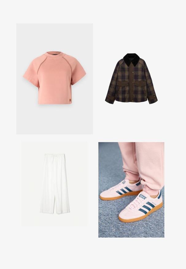 Smeđa i karirana jakna s crnim kordon ovratnikom, dva prednja džepa i zatvaranjem na dugmad. Napravljena je od teksturirane tkanine.; Ružičasti skraćeni dukserica s okruglim izrezom, kratkim rukavima i kontrastnim šavovima. Ima mali logotip na rubu.; Bijele široke hlače s remenom za podešavanje struka, prikazane na jednostavnoj pozadini, naglašavajući njihov opušteni stil i teksturu tkanine.; Svijetlosmeđi suede tenisice s tamnoplavim kožnim prugama i gumene potplate. Karakteristike uključuju ravne vezice i brendiranje na strani i jeziku.