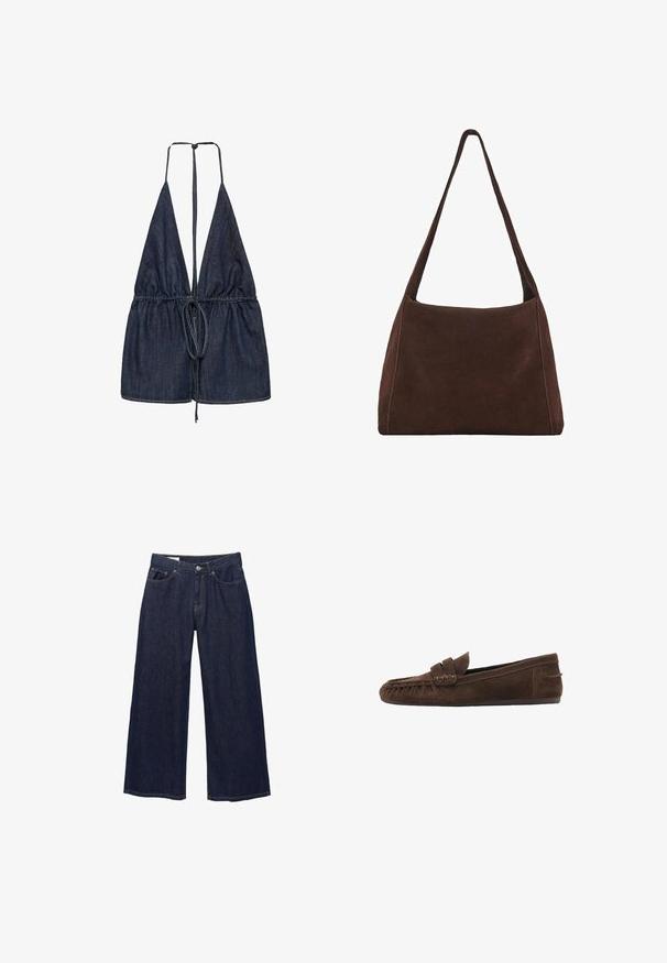 Rjav in kariran jopič z črnim kord jermenom, dvema sprednjima žepoma in gumbom. Narejen iz teksturirane tkanine.; Jeans srajca z globokim V-izrezom in nastavljivimi trakov, s nabranim materialom v pasu in zategnjenim dizajnom, v temno modri barvi.; Karirana srajca v črno-beli barvi, z gumbom na sprednji strani, ostrim ovratnikom in dolgimi rokavi v sproščenem kroju. Bombažna tkanina.; Temno modre kavbojke z širokimi hlačnicami, sprednji gumb in zadrga, sprednji in zadnji žepi ter kontrastnim oranžnim šivanjem.; Rjavi semiš loaferi z teksturirano zgornjimi deli, ki imajo pleteno okrasje in ravno podplat, zasnovani za sproščeno udobje in enostavno obuvanje.; Rjava zamšna iz semiša s sproščenim oblikovanjem, enojnim širokim ročajem in preprostim dizajnom. Ima vidno šivanje ob robovih.