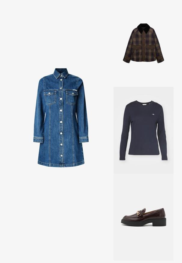 Hnědá s kostkovaným vzorem sako s černým kordovým límcem, dvěma předními kapsami a zapínáním na knoflíky. Vyrobeno z texturované látky.; Tmavě modré tričko s dlouhým rukávem vyrobené z bavlny, s kulatým výstřihem a malým logem na levé hrudi. Hladká struktura.; Denim šatové šaty, dlouhé rukávy, zapínání na knoflíky vpředu, dvě náprsní kapsy, klasický límec, středně modrá barva a jemné švy.; Hnědé kožené mokasíny se zlatou sponou, černým blokovým podpatkem a hladkým povrchem. Boční pohled ukazuje zaoblenou špičku a prošívané detaily.; Hnědá kožená kabelka s měkkým, texturovaným vzhledem podobným kožešině, štíhlým designem, krátkým uchopovacím madlem a odnímatelným popruhem.