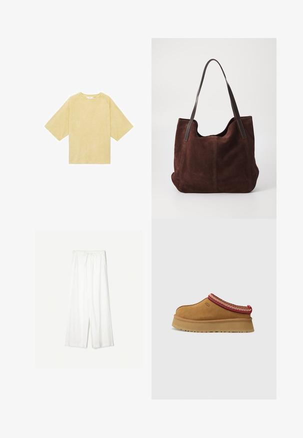 Jachetă maro și cu carouri, cu un guler din fâș de bumbac negru, două buzunare frontale și închidere cu nasturi. Fabricată dintr-un material texturat.; Tricou galben supradimensionat cu mâneci raglan, fabricat dintr-un material moale; are un guler rotund și un design simplu, fără cusături.; Pantaloni albi cu picioare largi și curea de ajustare la talie, prezentați pe un fundal simplu, subliniind stilul lor relaxat și textura materialului.; Pantof brown din suede, tip slip-on, cu bordură modelată în roșu și crem, talpă texturată și logo UGG pe lateral. Prezintă o ușoară înălțime a platformei.; Geantă tote din suede maro cu două curele de umăr din piele întunecată. Textură moale, vârf rotunjit și un interior spațios. Fără hardware sau embellishments vizibile.