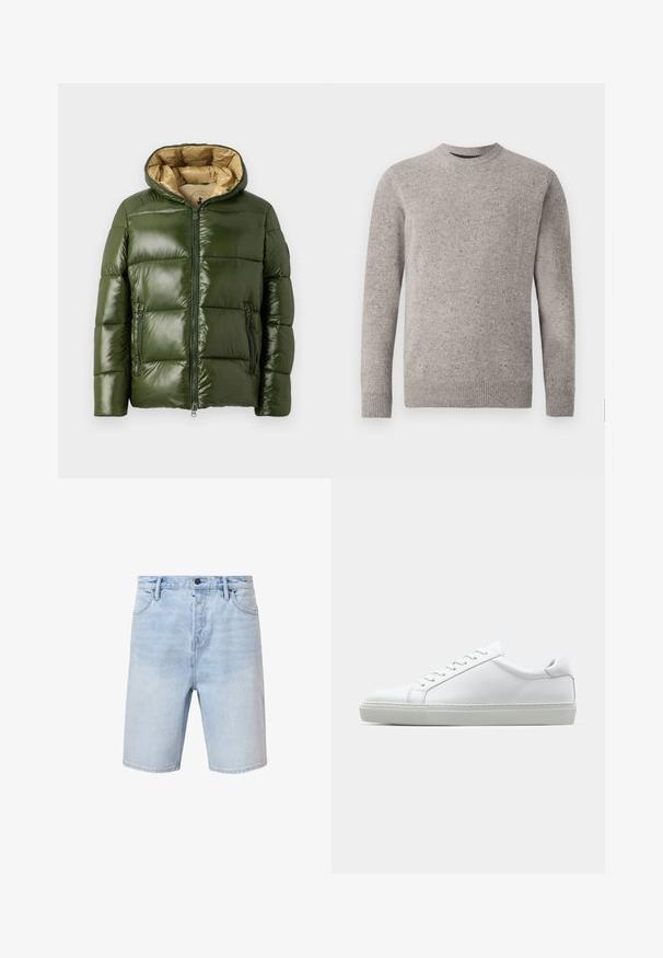 Zielona kurtka puchowa o błyszczącej powierzchni, z kapturem, zapięciem na zamek z przodu, dwiema kieszeniami na zamek oraz beżową podszewką.; Jasnoszary sweter dziany z okrągłym dekoltem, długimi rękawami i prążkowanymi mankietami oraz dołem. Teksturowany wzór z kolorowymi plamkami.; Jasnoniebieskie szorty dżinsowe o regularnym kroju, pięć kieszeni, zapinane na guzik. Posiadają subtelne przetarcia i wykończone zszytym dołem.; Białe sneakersy z gładką skórzaną cholewką i niskim profilem. Posiadają okrągły nos, sześć dziurek na sznurówki oraz teksturowaną gumową podeszwę.