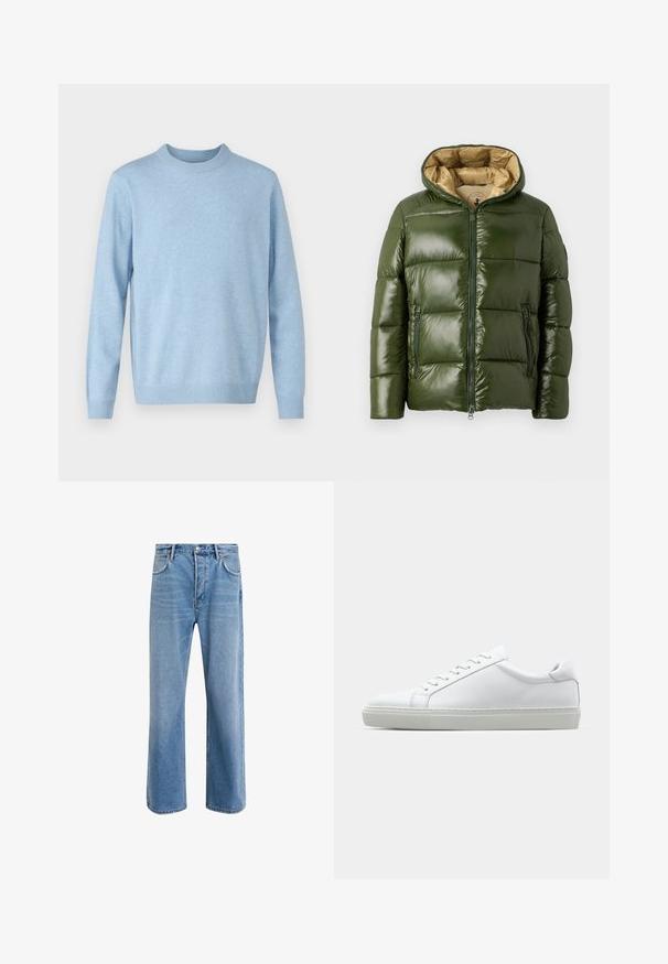 Groene pufferjack met een glanzende afwerking, voorzien van een capuchon, een rits aan de voorkant, twee ritszakken en een beige voering.; Samsøe Samsøe ISAK SWEATER - Trui - blue; Lichtblauwe denim jeans met een straight-leg ontwerp, vijf zakken, knoopsluiting, minimale vervaging en contrasterende stikseldetails.; Witte sneaker met een gladlederen bovenwerk en een laag profiel. Voorzien van een ronde neus, zes vetergaatjes en een gestructureerde rubberen zool.