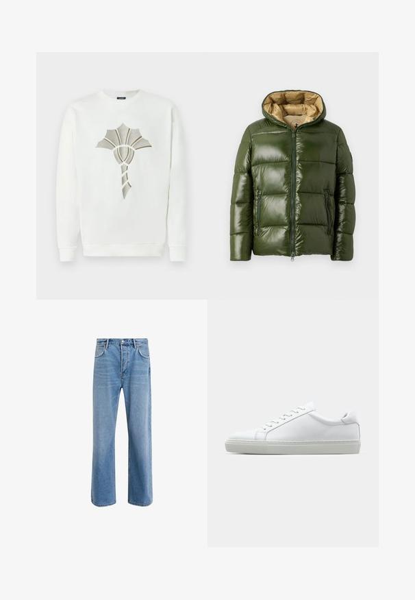 Groene pufferjack met een glanzende afwerking, voorzien van een capuchon, een rits aan de voorkant, twee ritszakken en een beige voering.; Witte sweatshirt met een gestructureerd, metallic gouden en zilveren schelpenontwerp in het midden; heeft een ronde halslijn en geribde manchetten.; Lichtblauwe denim jeans met een straight-leg ontwerp, vijf zakken, knoopsluiting, minimale vervaging en contrasterende stikseldetails.; Witte sneaker met een gladlederen bovenwerk en een laag profiel. Voorzien van een ronde neus, zes vetergaatjes en een gestructureerde rubberen zool.