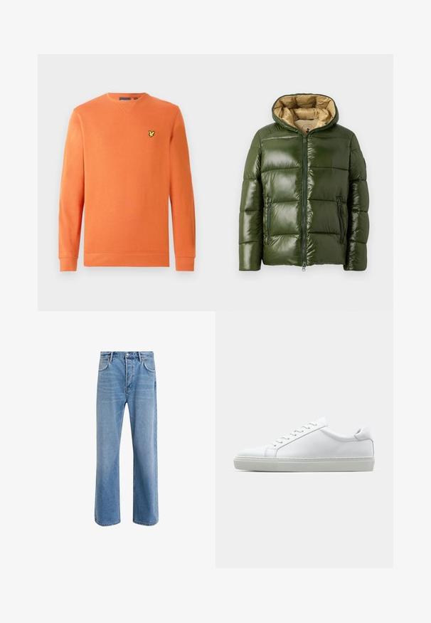 Groene pufferjack met een glanzende afwerking, voorzien van een capuchon, een rits aan de voorkant, twee ritszakken en een beige voering.; Oranje sweatshirt met lange mouwen en geribbelde boorden, voorzien van een klein geel logo op de borst. Gemaakt van zachte, gestructureerde stof.; Lichtblauwe denim jeans met een straight-leg ontwerp, vijf zakken, knoopsluiting, minimale vervaging en contrasterende stikseldetails.; Witte sneaker met een gladlederen bovenwerk en een laag profiel. Voorzien van een ronde neus, zes vetergaatjes en een gestructureerde rubberen zool.